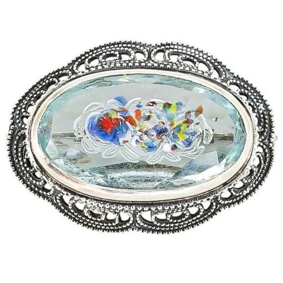 Czech Glass Reverse Carved Poured Glass Embedded Lampwork Brooch In Sterling - Picture 7 of 7
